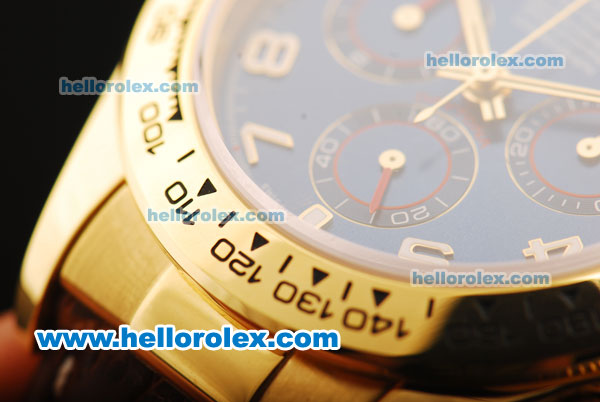 Rolex Daytona Chronograph Swiss Valjoux 7750 Automatic Movement Gold Case with Blue Dial and Brown Leather Strap - Click Image to Close